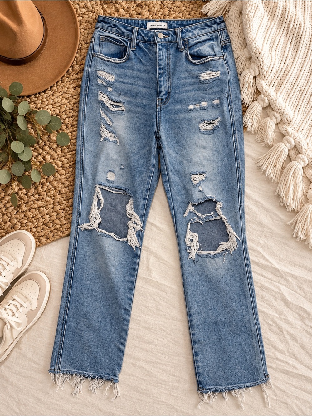 Flying Monkey Ultra High Rise Straight Leg Distressed Jeans